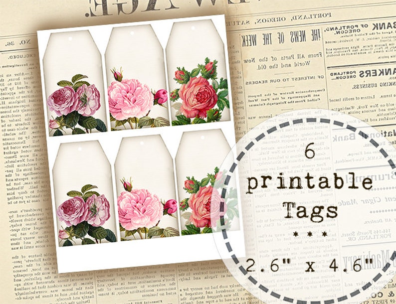 6 Printable Flower Tag Gift Tags Spring Flower Tags Instant Download Vintage Inspired Tag Flower