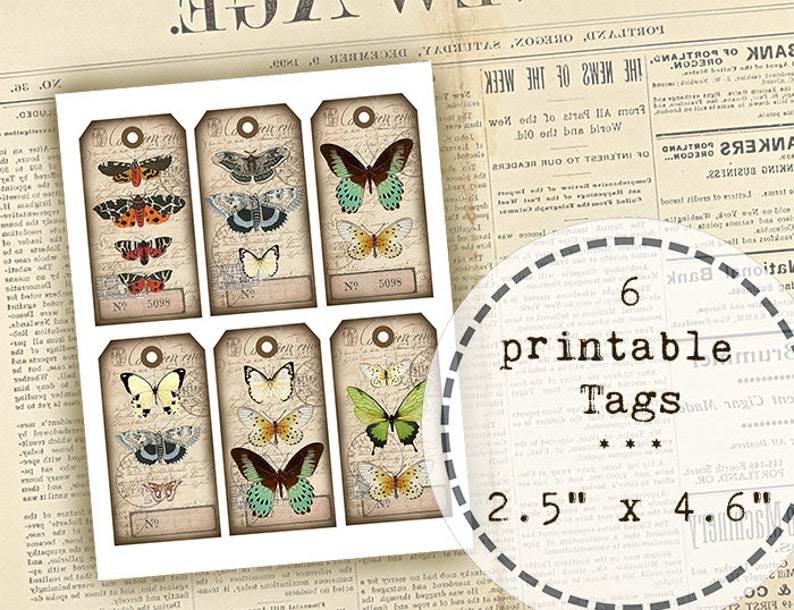 6 Vintage Butterfly Tags printable gift tags shabby chic printable ephemera journal supplies instant download digital Collage Sheet