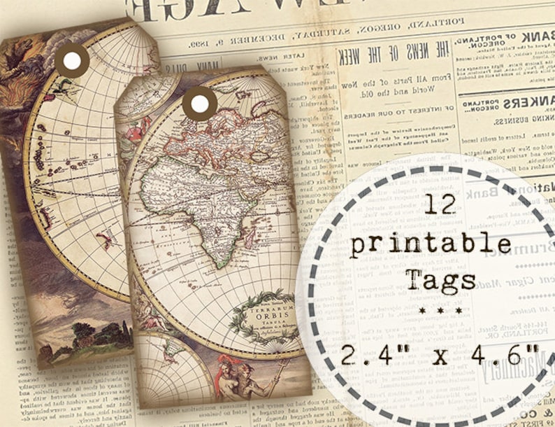 12 Vintage Maps Tags printable gift tags instant download | Etsy