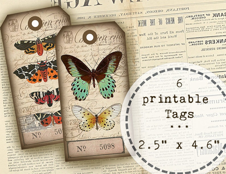 6 Vintage Butterfly Tags printable gift tags shabby chic printable ephemera journal supplies instant download digital Collage Sheet