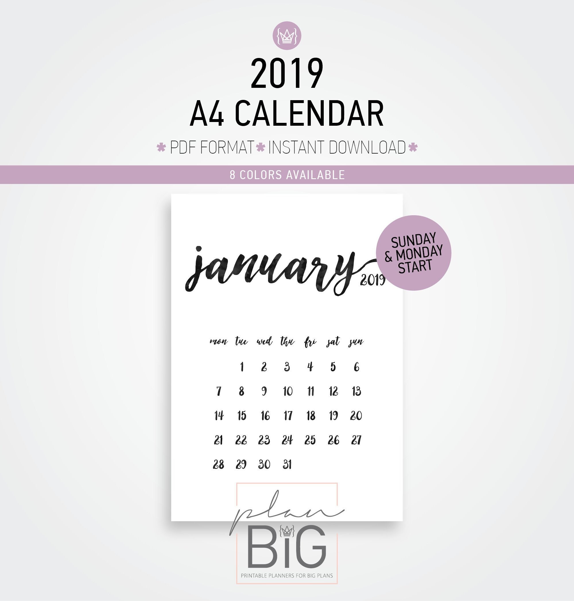 2019 Wall Calendar Printable Calendar A4 Calendar Gold