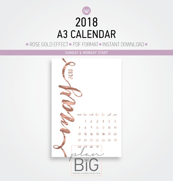 2018 Wall Calendar Printable Calendar A3 Calendar Rose