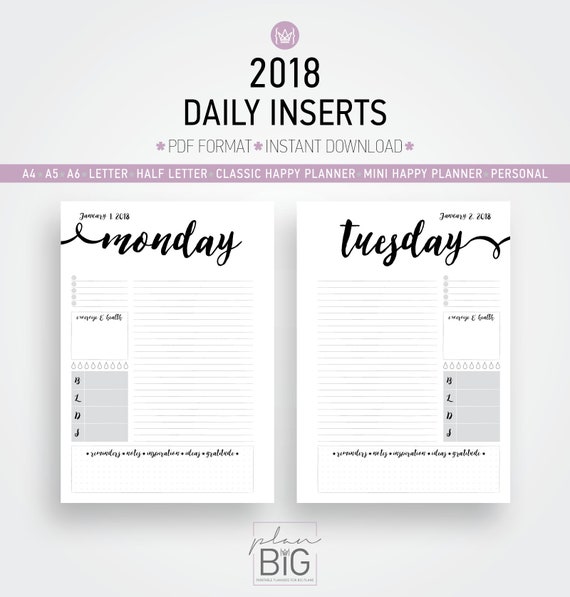 2018 printable planner daily inserts a4 planner a5 inserts etsy