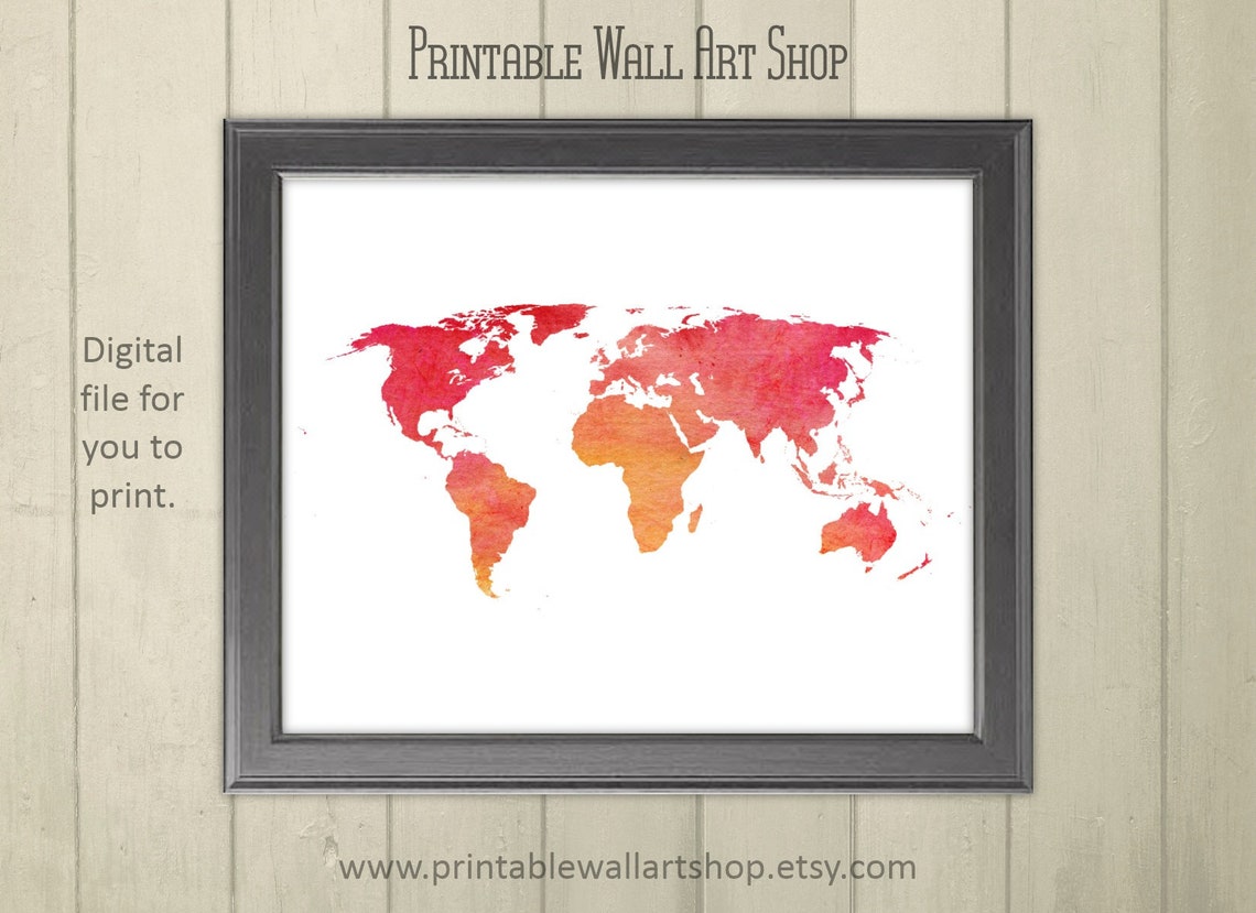 Watercolour world map printable wall art | Etsy