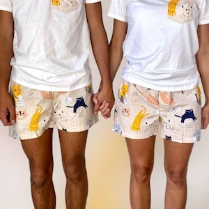 Matching Couple cotton sleeping shorts boxers CRAZY CATS his hers