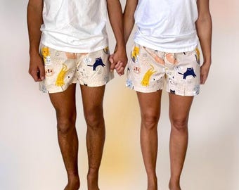 Passende Paar-Schlafshorts aus Baumwolle, Boxershorts CRAZY CATS für Sie und Ihn
