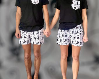 Matching Couple cotton sleeping shorts boxers pajamas set CATS his hers