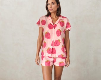 Conjunto de pijama de gasa FRESAS para mujer (short + camiseta)