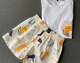 Baumwoll Pyjama Set für Damen KATZEN Shorts Tshirt