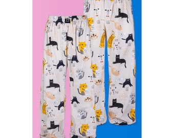 Set di pigiami per pantaloni da notte in cotone coordinato per coppia in stampa CATS