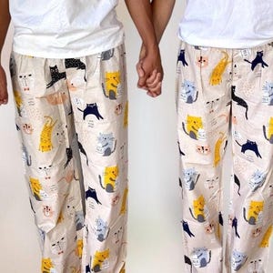 Matching cotton sleeping pants pajama set for couple in CATS print
