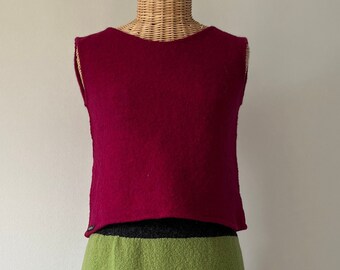 Walkloden vest, wool vest, short sweater vest in berry