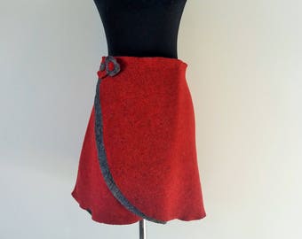 falda de lana, falda ballena, calentador de cadera, calentador de hombros, calentador de riñón, falda reversible, falda envolvente en rojo-gris