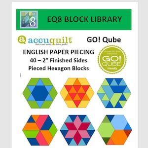May include: A printable pattern for making 40 hexagon-shaped quilt blocks, each measuring 2 inches across. The blocks are pieced using English paper piecing and are compatible with the GO! Qube system. The pattern features a variety of colourful geometric designs.