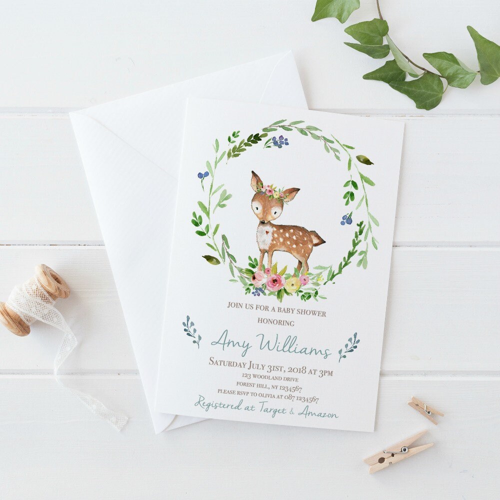 woodland deer baby shower invitations
