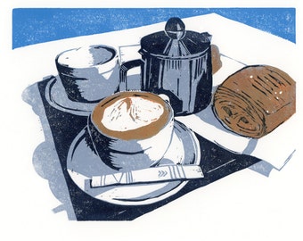Breakfast in Paris - Archival digital print of my hand-pulled linocut print / cafe au lait / pain au chocolat
