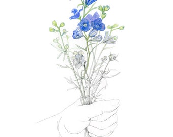 Delphinium drawing - archival PRINT / giclée print / wall art / floral art/ Mother’s Day