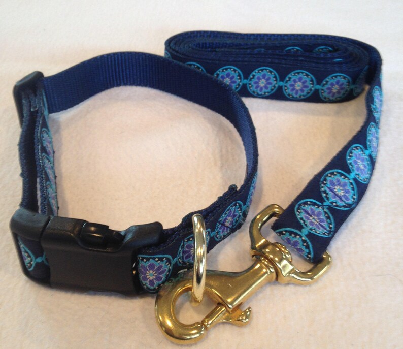 Beautiful Jacquard Ribbon Collar and Leash Set leash 6ft 1 inch wide collar adjustable 14 to 22 Labelle Navy Turquoise Periwinkle