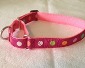 Beautiful Jacquard Ribbon Martingale Collar, Pink Stripes and Dots, 1 inch wide and adjustable 16 quot to 22 quot