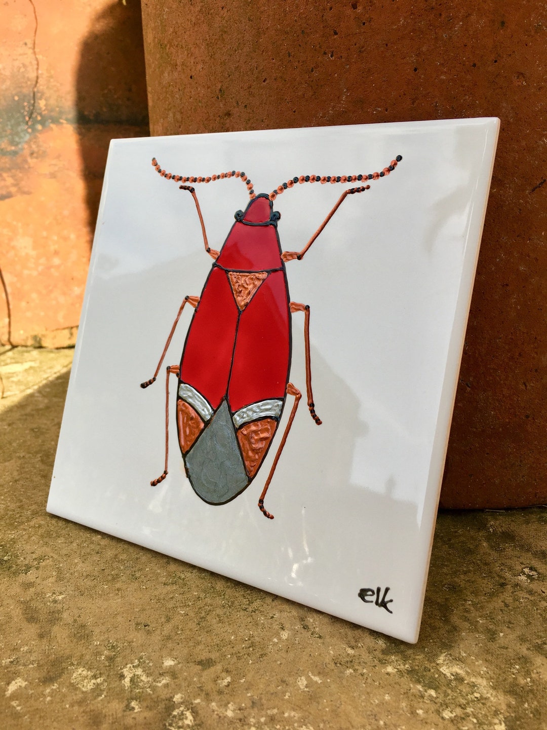Red and Silver Bug, Original Ceramic Tile Painting, Splashback, Wall ...