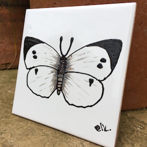 Large White butterfly, original ceramic tile painting, plaque or coaster