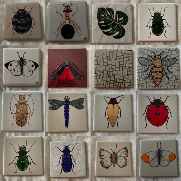 End of line insects designs, original ceramic tile painting, splashback, wall art, coaster, wall art, coaster (select your design/tile)