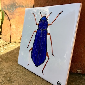 Blue Beetle original ceramic tile painting, plaque or coaster