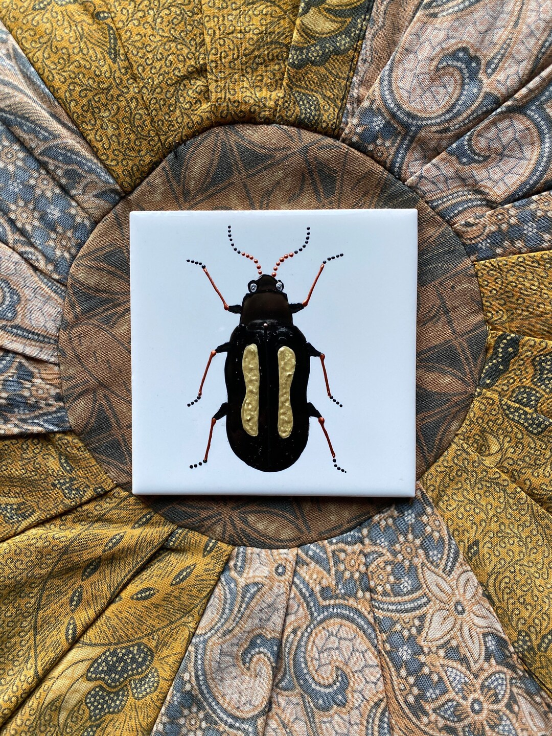 Black and Gold Beetle Original Ceramic Tile Painting, Splashback, Wall