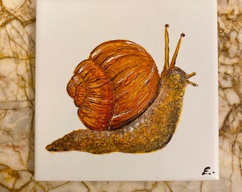Garden snail original ceramic tile painting, splashback, wall art, coaster