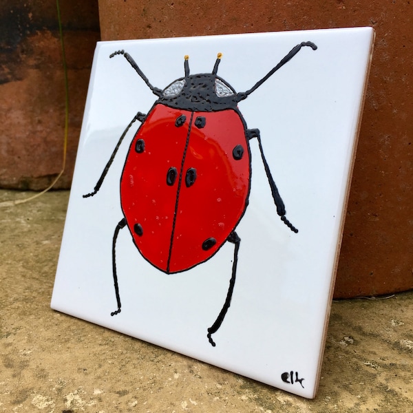 Red Ladybird beetle original ceramic tile painting, splashback, wall art, coaster