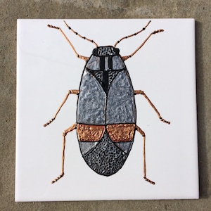 Silver and Copper Bug, original ceramic tile painting, splashback, wall art, coaster