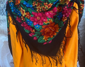 Stola sjaal vintage wollen sjaal rozenpatroon rozen wollen sjaal franje sjaal voor Frida outfit boho sjaal Moederdag cadeau cadeau voor haar