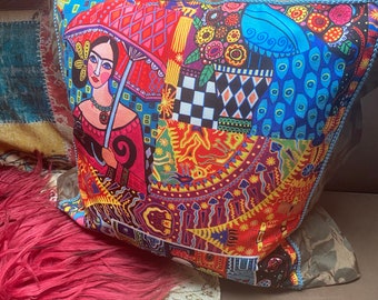 Fridamotivstoff Eklektisch Kissen Muttertagsgeschenk Boho Dekokissen Geschenk Kuschelkissen Kissen Fridamotivstoff Kissen Fridamotivstoff