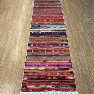 10ft New Turkish Kilim Design Runner Rug for Kitchen Hallway Runner Entryway Living Room Dining Room Bedroom 2.6&#39;x10.4&#39;. Stripe Runners