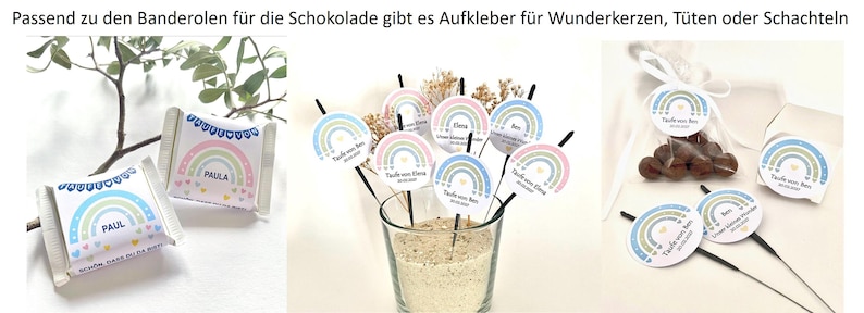 May include: Various party favors with a rainbow theme. The image shows chocolate bar wrappers, circular stickers, and sparklers, all decorated with pastel rainbows and personalized text. The text on the wrappers reads "PAUL" and "PAULA".