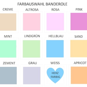 Może przedstawiać: Tabela wyboru kolor&oacute;w zatytułowana FARBAUSWAHL BANDEROLE zawierająca dwanaście kwadrat&oacute;w z kolorami oznaczonymi jako Creme, Altrosa, Rosa, Pink, Mint, Lindgr&uuml;n, Hellblau, Sand, Zement, Grau, Weiss i Apricot oraz niebieskie serce z napisem HERZ FARBIG.
