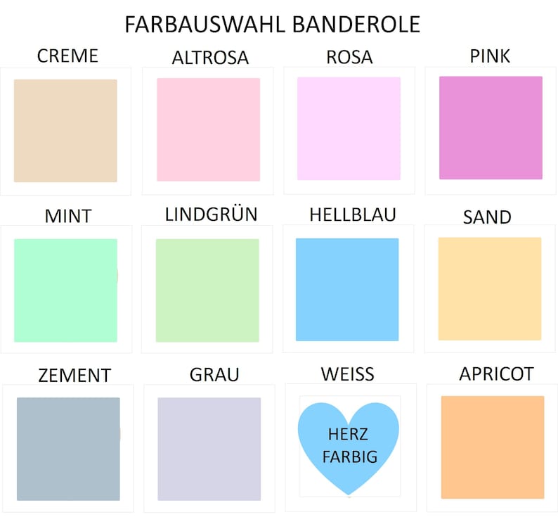 Może przedstawiać: Tabela wyboru kolor&oacute;w zatytułowana FARBAUSWAHL BANDEROLE zawierająca dwanaście kwadrat&oacute;w z kolorami oznaczonymi jako Creme, Altrosa, Rosa, Pink, Mint, Lindgr&uuml;n, Hellblau, Sand, Zement, Grau, Weiss i Apricot oraz niebieskie serce z napisem HERZ FARBIG.
