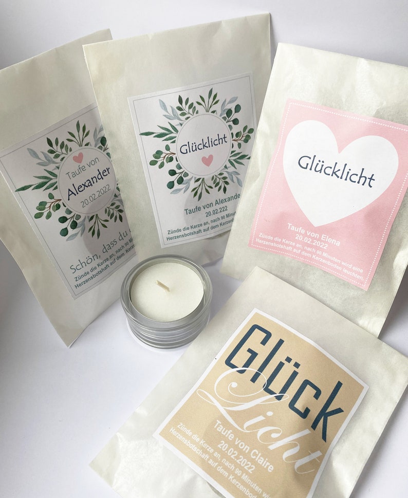 Gastgeschenk Taufe Kerze in transparenter Tüte Teelichtbotschaft personalisiert Giveaway Bild 3