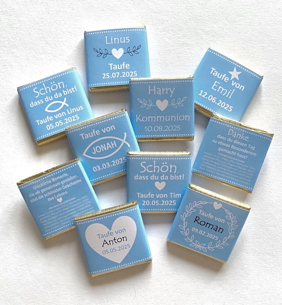 Gastgeschenke Taufe/Kommunion | Luxuriöse goldene Schokoladen mit Banderolen | personalisiert | Tischdeko | Viele Motive für vorne & hinten