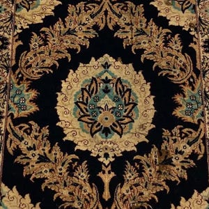 2.6&#39; x 10.7&#39; Vintage Kerman Wool Runner – Hand-Knotted Black & Gold Floral Hallway Rug – Persian Carpet (#1058)