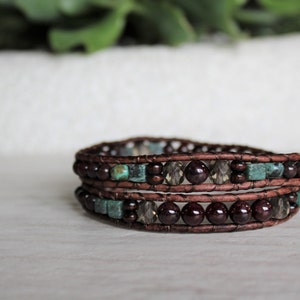 Garnet Collection- Double Wrap Bracelet. Serenity, Balance, Unity. Handcrafted. Leather, Garnet, Jasper, & African Turquoise, Magnetic Clasp