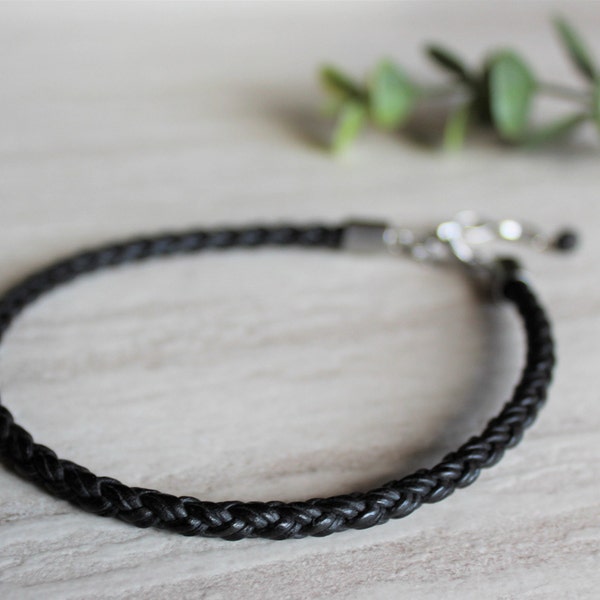 Black Leather Anklet- Genuine Leather. Handmade Jewelry, Stainless Steel Clasp, Adjustable.