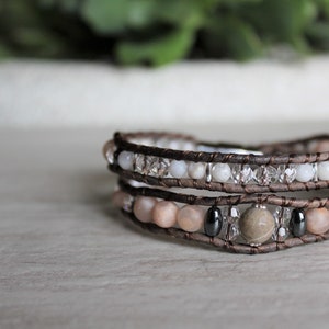 Fossil Coral Crystal Double Wrap Bracelet. Leather, Swarovski Crystal, Sunstone, Hematite, White Agate. Stainless Steel Magnetic Clasp