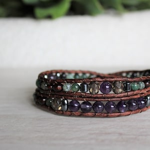 Amethyst Collection- Double Wrap Bracelet. Relaxing, Soothing, Grounding. Handmade. Amethyst, Jasper, Hematite, Leather, Magnetic Clasp