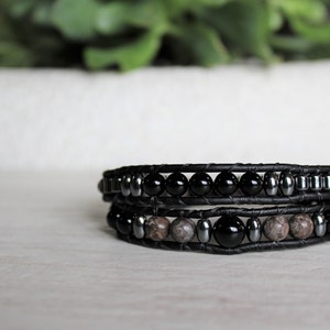 Black Onyx Collection- Double Wrap Bracelet. Resilience. Handcrafted. Snowflake Jasper, Black Onyx, Hematite, Magnetic Clasp