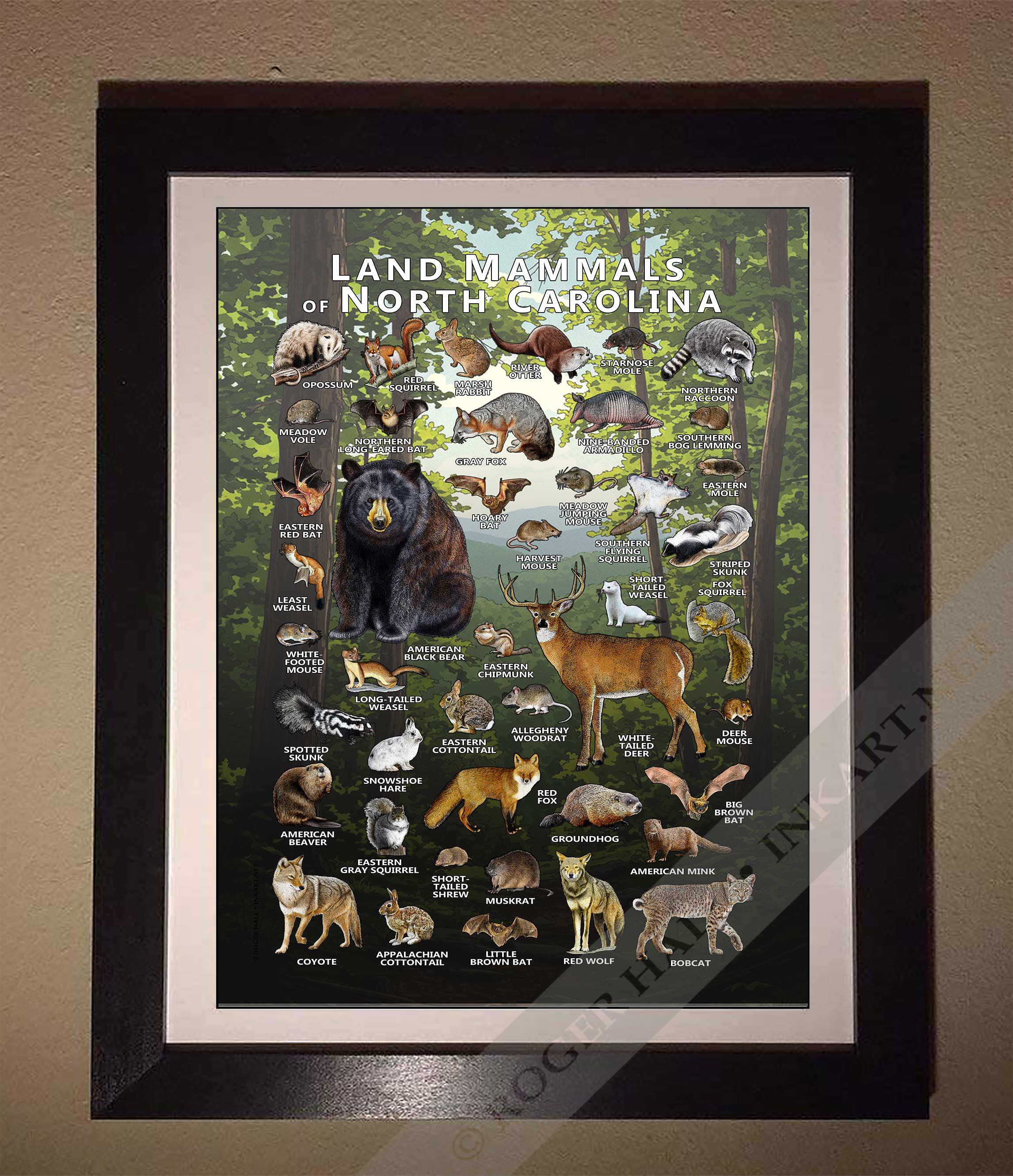 ノースカロライナ州の哺乳類ポスタープリント：サイン入り野生動物