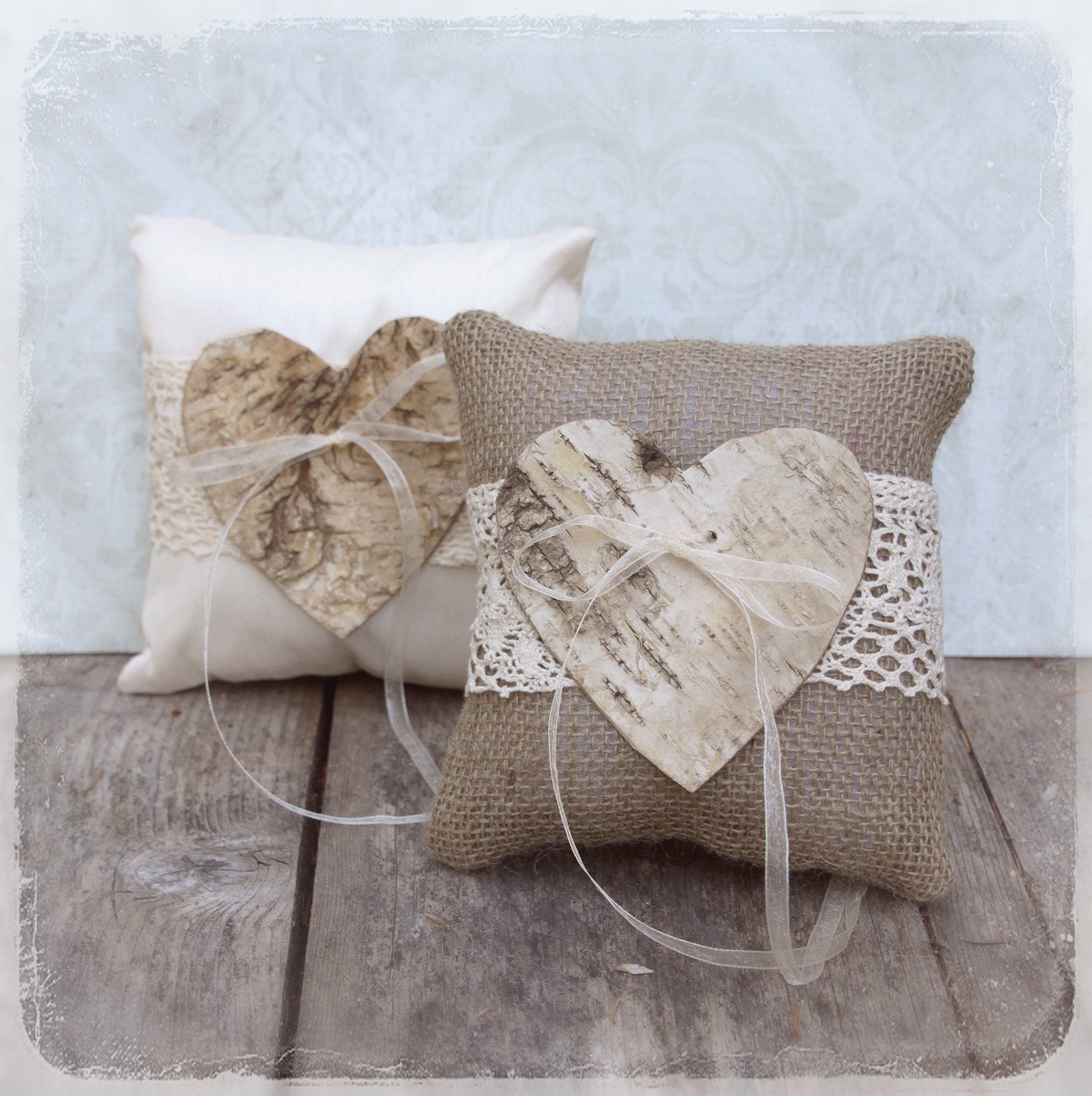 Rustic Weddings - Ring Bearer Pillow Birch Bark Heart - Spring Summer Fall Winter Wedding - Country Charm Natural - Beige White Natural