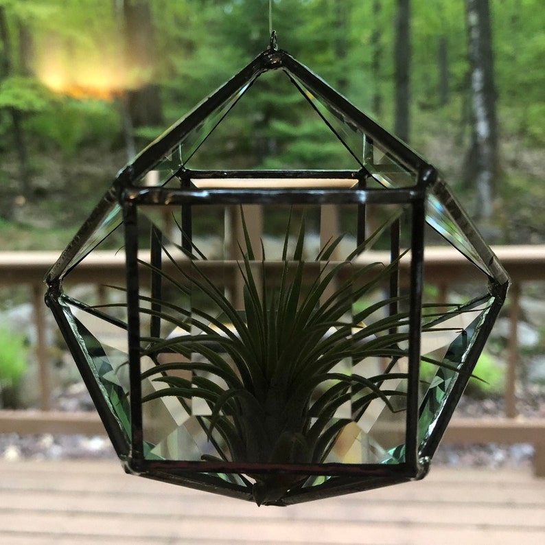 Beveled Stained Glass Terrarium Polyhedron Hanging Planter Etsy