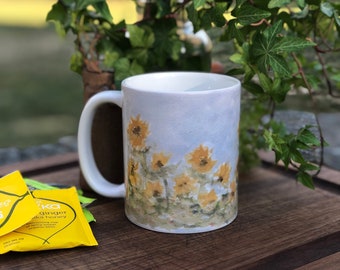 Sunflower Field of Flowers, Original Watercolor Sunflower Coffee Mug