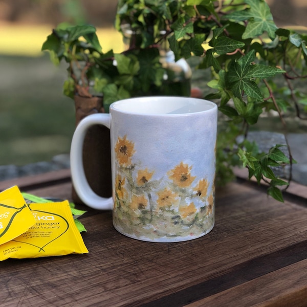 Sunflower Field of Flowers, Original Watercolor Sunflower Coffee Mug